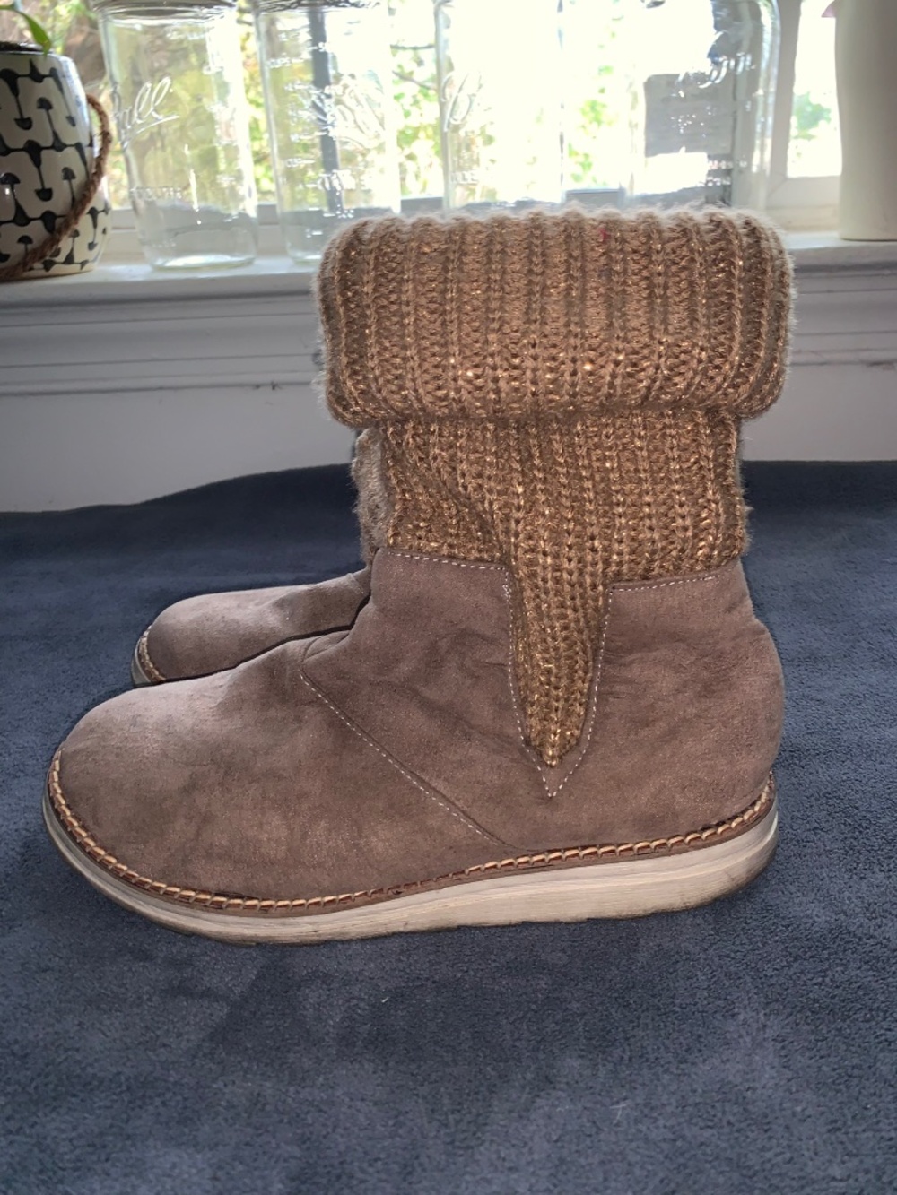 Lindísima Size 8 Taupe Suede Gold Sparkle Knit Fold Over Mid Calf Boots